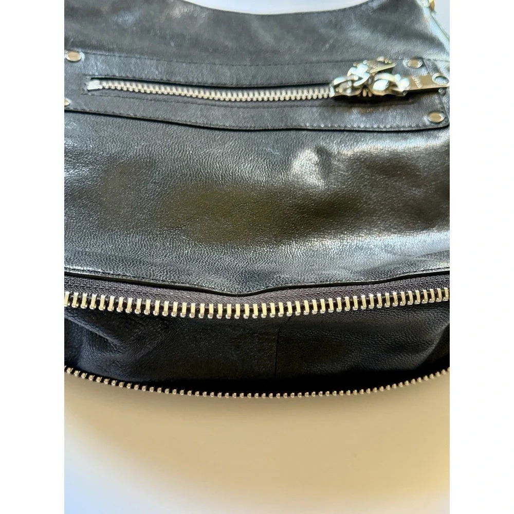 MILLY Black Leather Hobo Bag Expandable Bottom Silver Zip Shoulder Bag NWOT